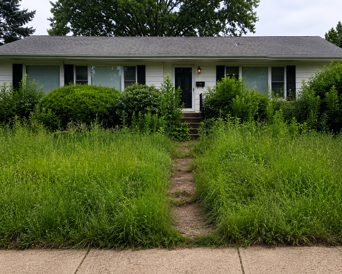 Overgrown backyard before landscaping